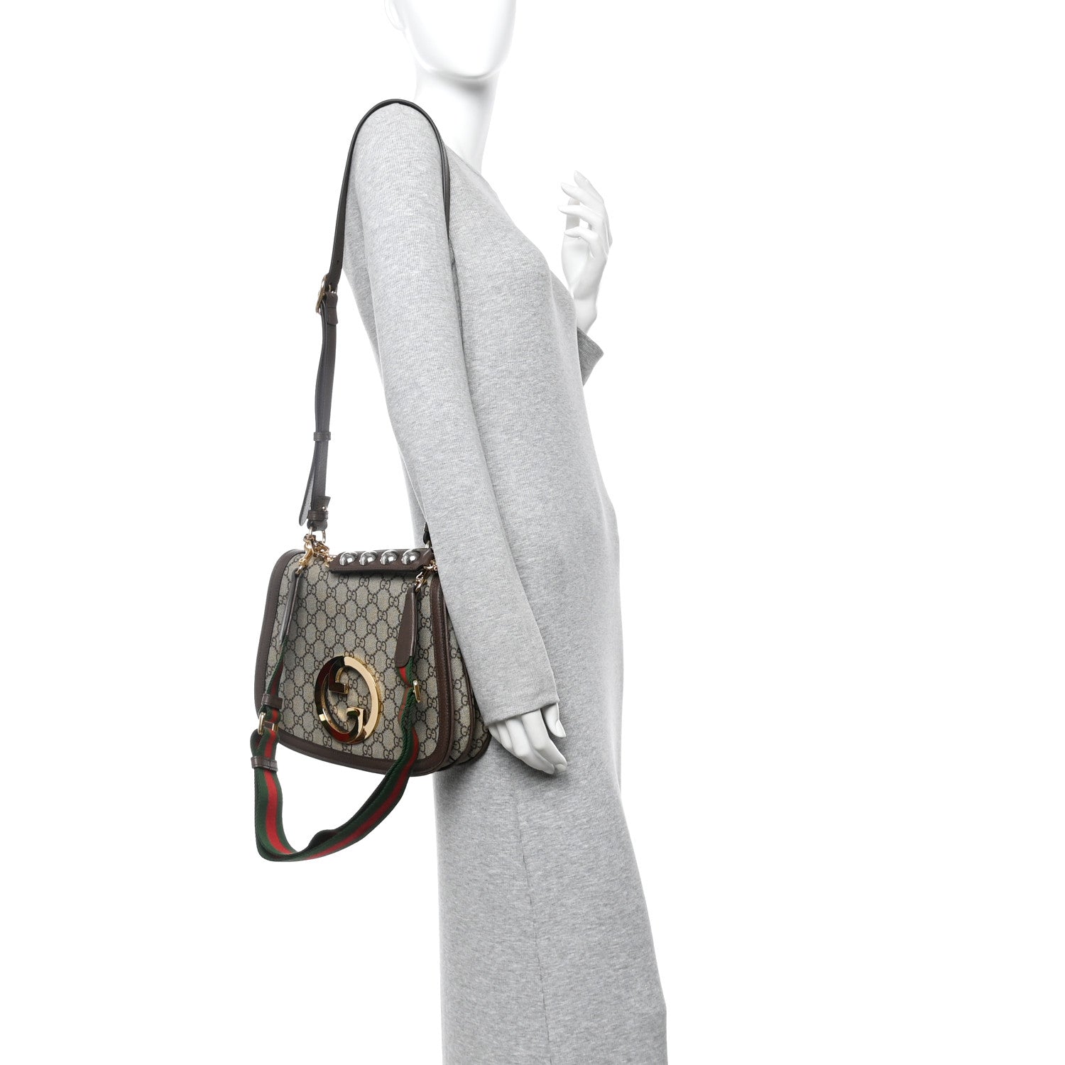 GG Supreme Monogram Textured Dollar Calfskin Web Medium Blondie Top Handle Shoulder Flap Bag Beige Ebony New Acero