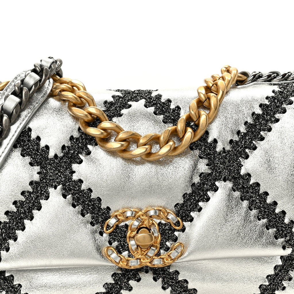 Metallic Calfskin Crochet Medium Chanel 19 Flap Silver