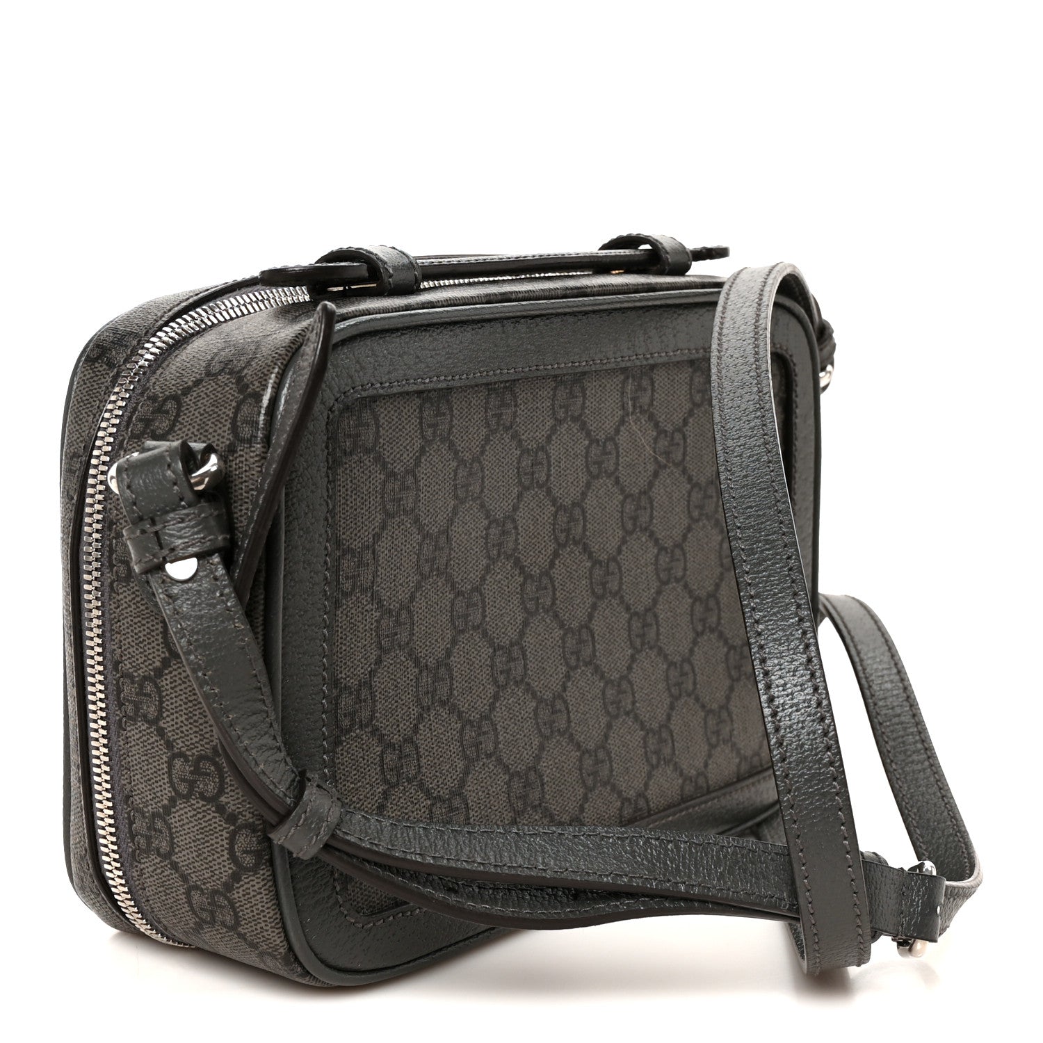 GG Supreme Monogram Textured Dollar Calfskin Small Ophidia Top Handle Shoulder Bag  Grey Black Graphite Grey