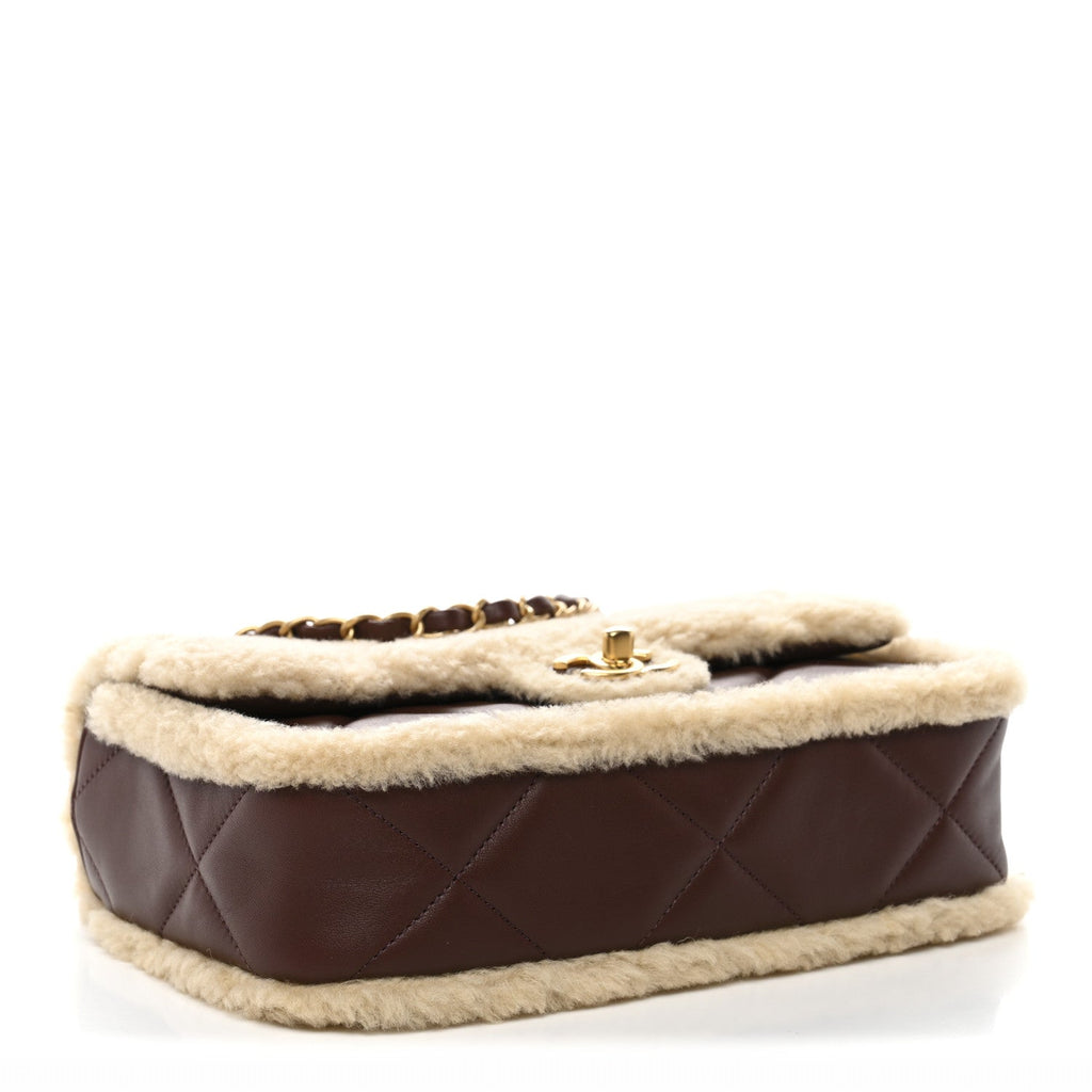 Shearling Lambskin Quilted Furry Coco Flap Beige Dark Brown