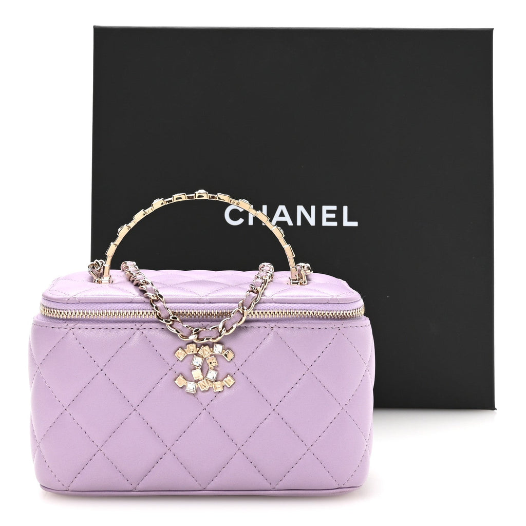 Lambskin Quilted Baguette Crystal Top Handle Vanity Case With Chain Purple