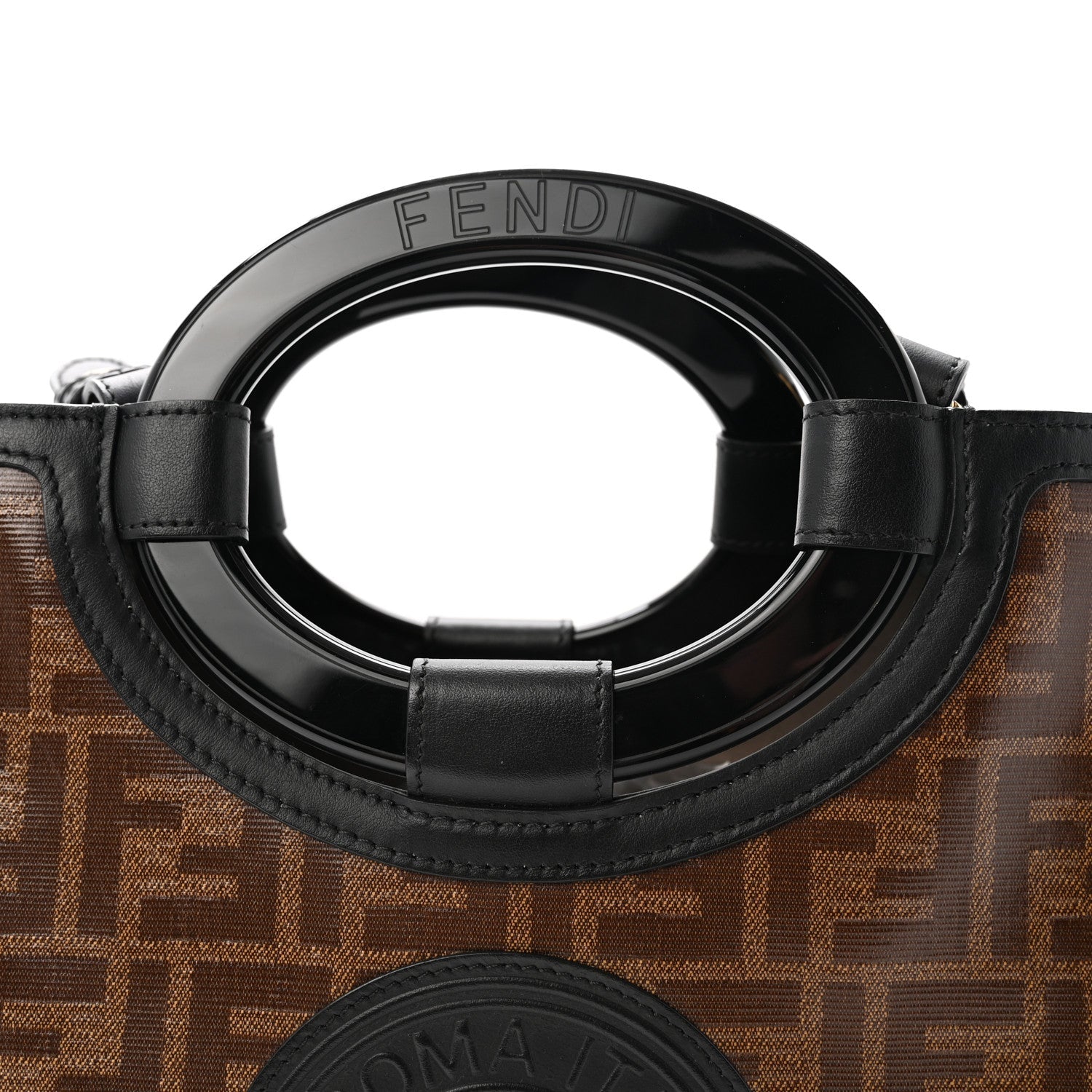 Glazed Fabric Vitello Century Plexiglass FF 1974 Stamp Patch Small Runaway Shopper Tote Mogano Panna Black