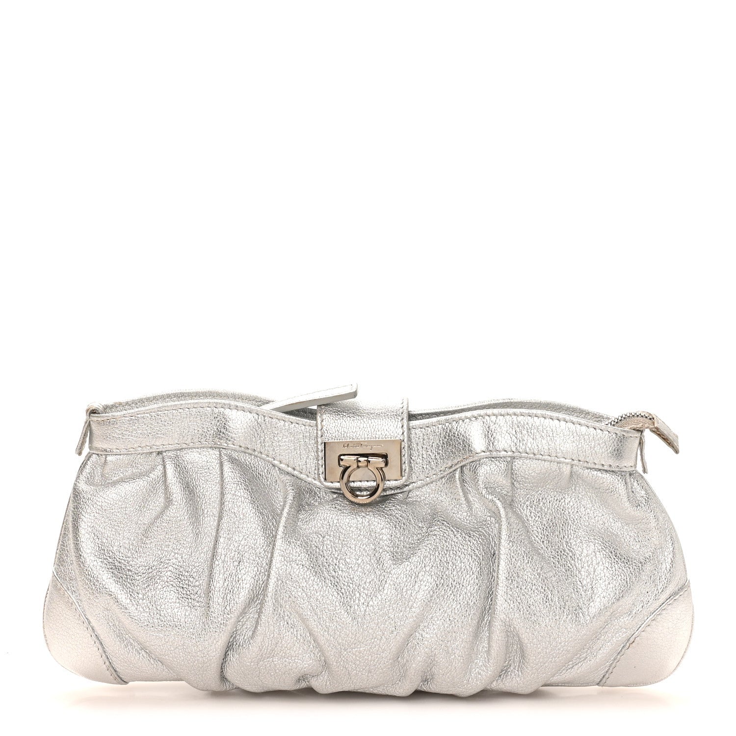 Metallic Calfskin Small Gancini Clutch Silver