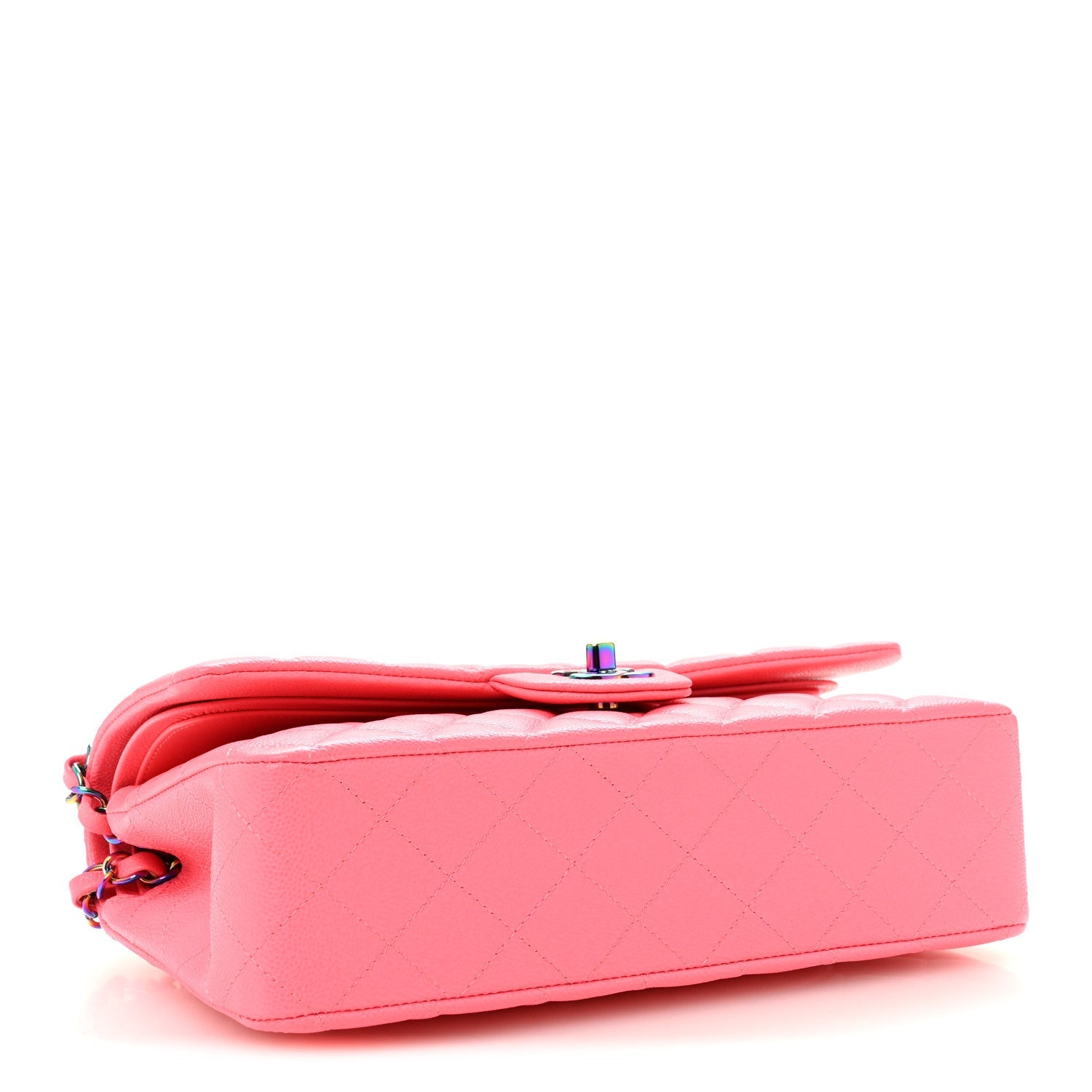 Caviar Quilted Rainbow Medium Double Flap Coral Pink