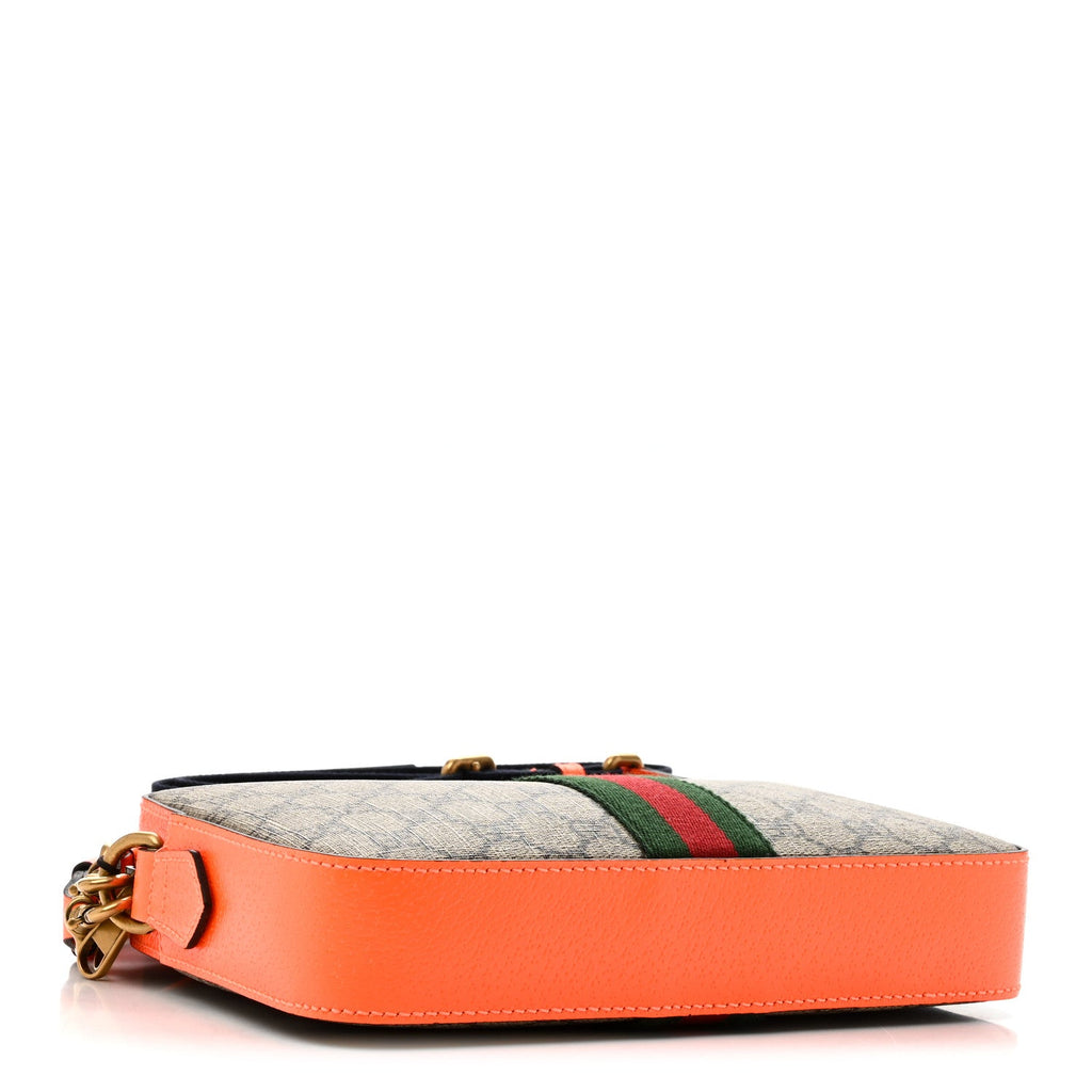 GG Supreme Monogram Textured Dollar Calfskin Web Ophidia Wristlet Shoulder Bag Beige Ebony Orange