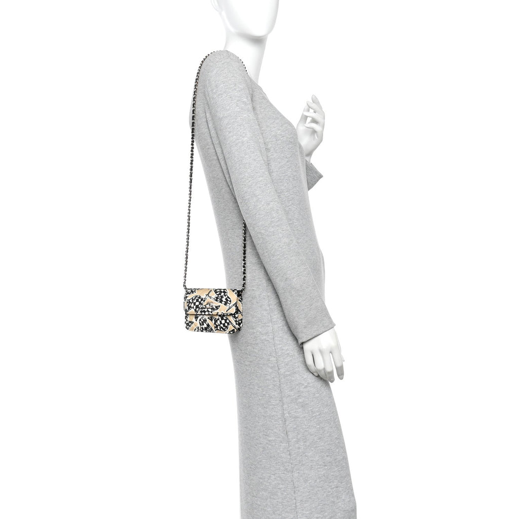 Canvas Check Flag Printed CC Clutch With Chain Beige Multicolor
