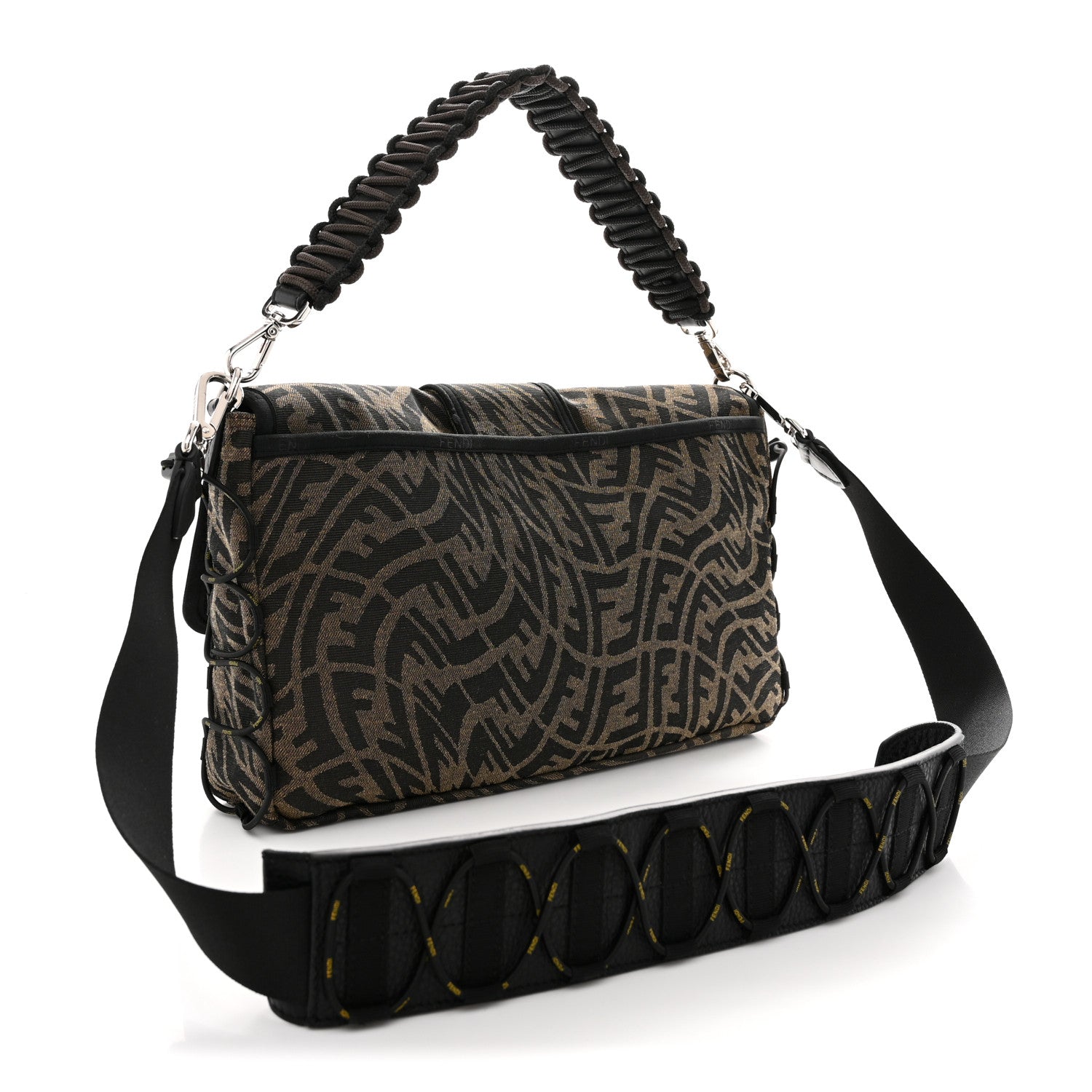 X SARAH COLEMAN Fabric Jacquard Vitello Grace FF Vertigo Woven Lanyard Large Baguette Tobacco Moro Black