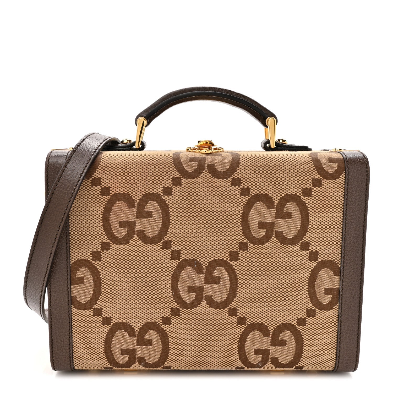 Monogram Jumbo GG Textured Dollar Calfskin Top Handle Beauty Case Camel Ebony New Acero