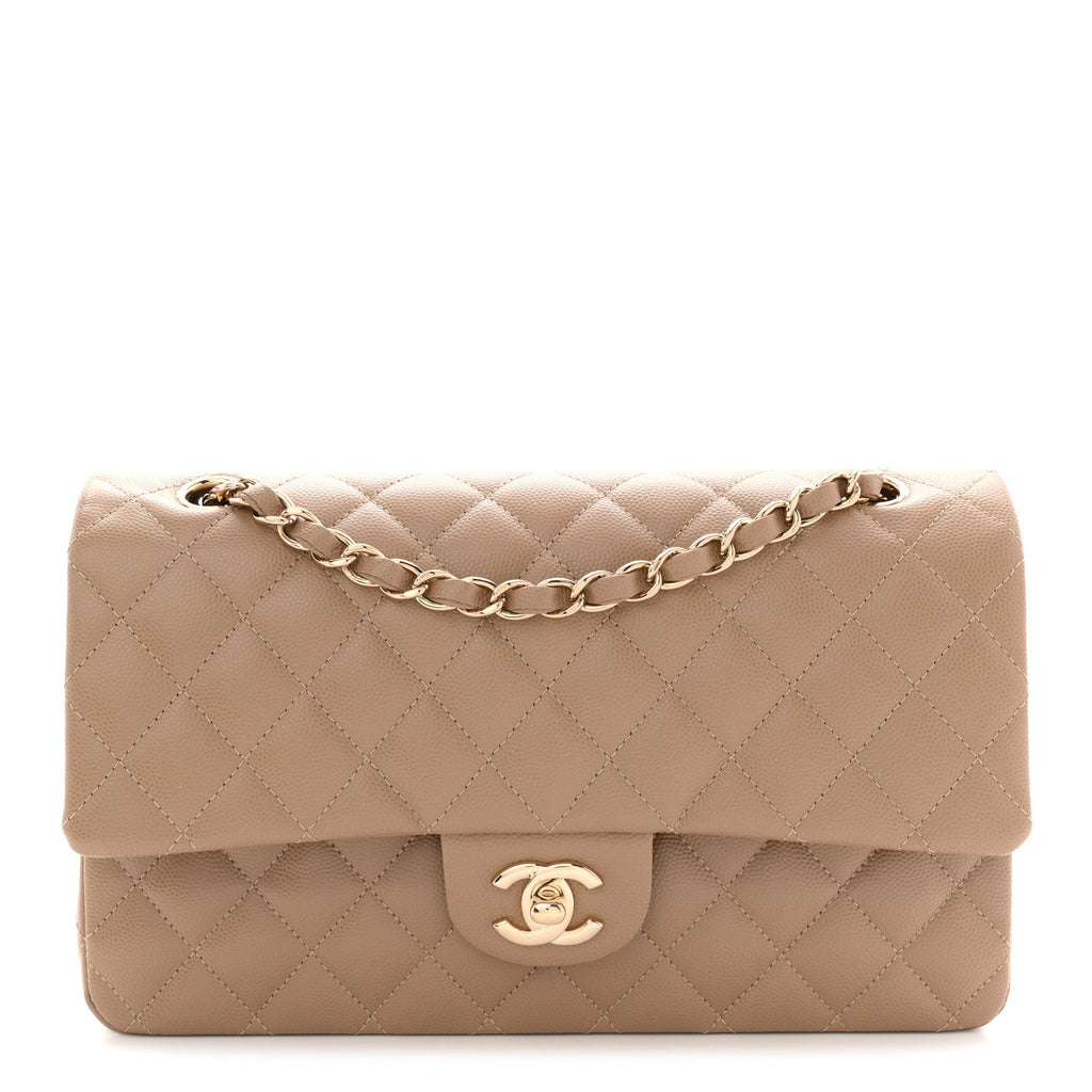 Caviar Quilted Medium Double Flap Beige