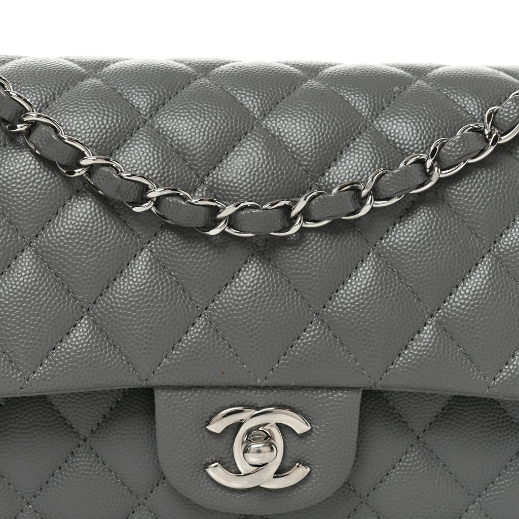 Caviar Quilted Medium Double Flap Grey