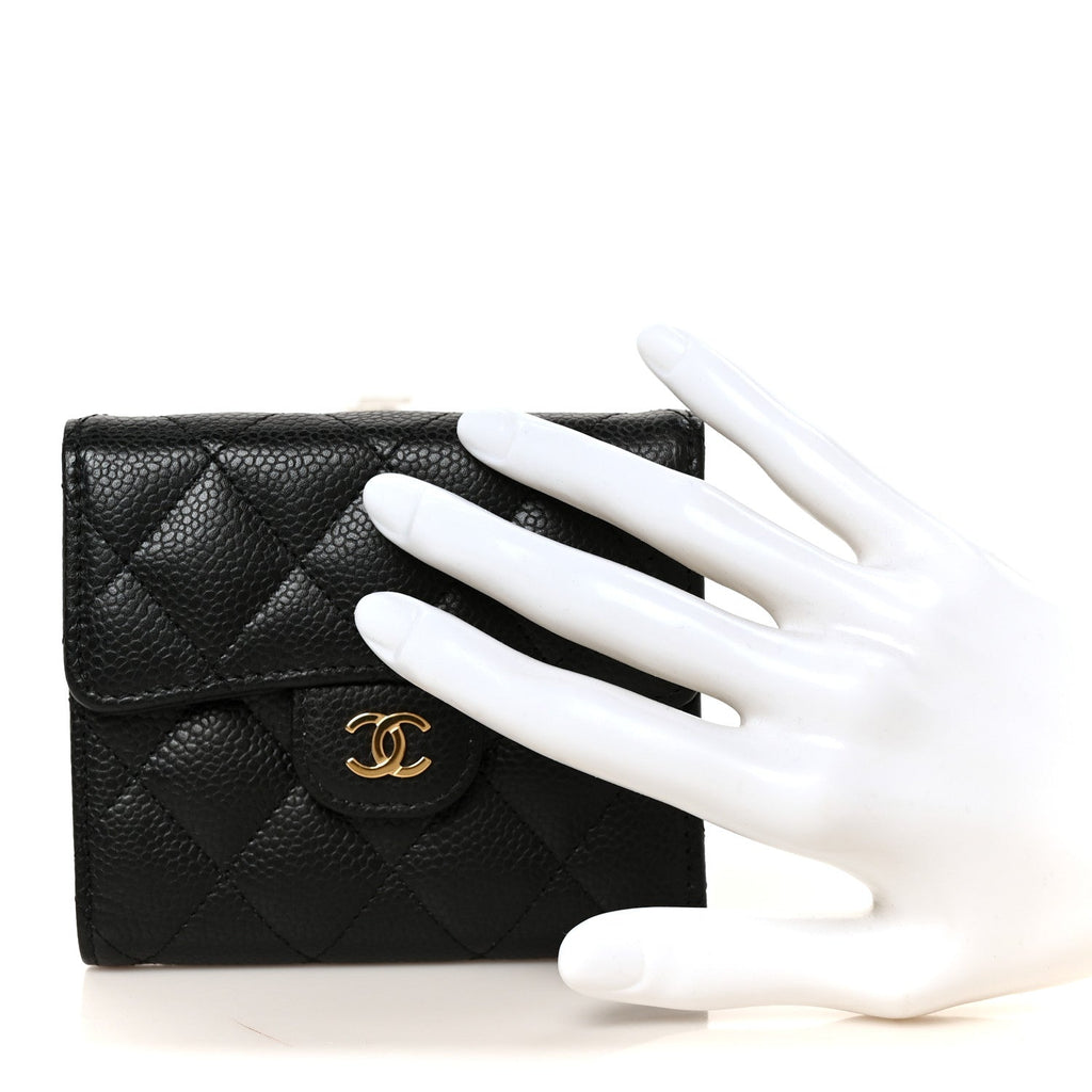 Caviar Quilted Compact Flap Wallet Black