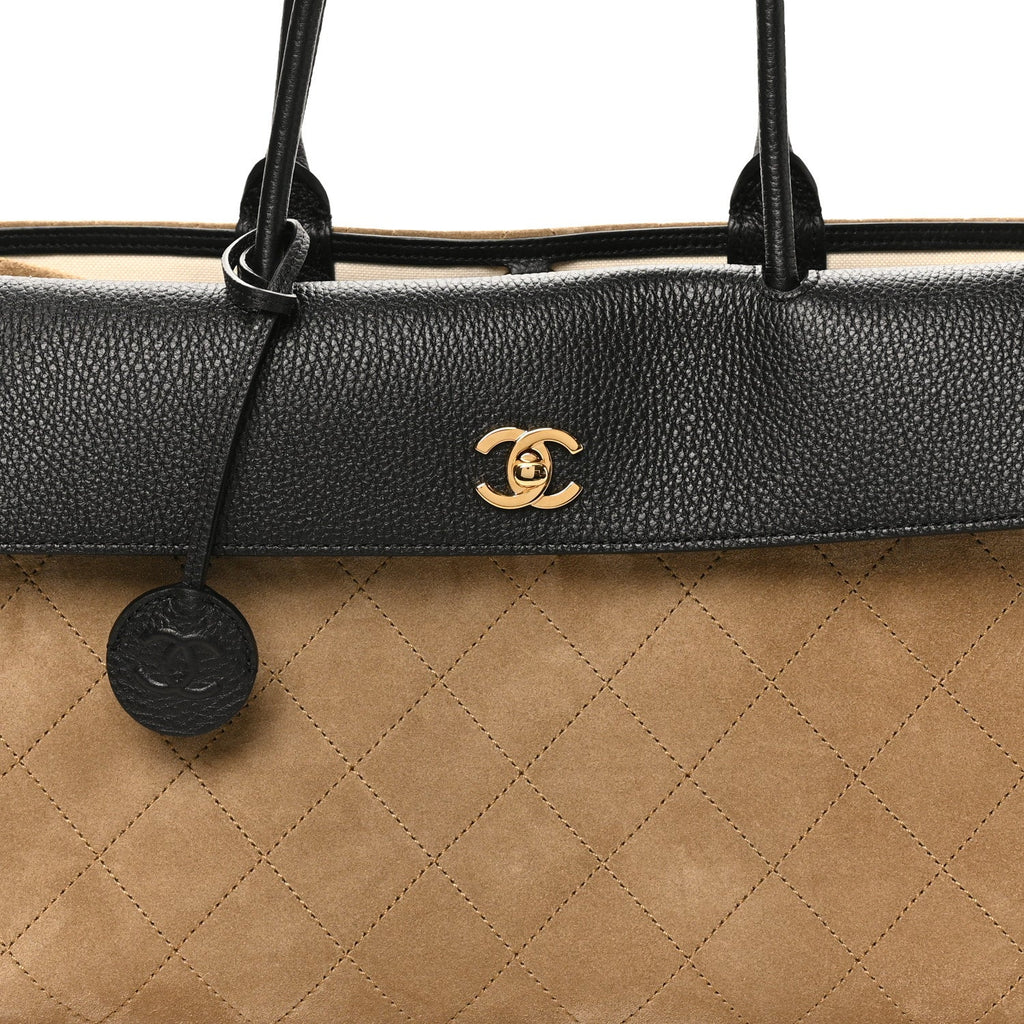 Grained Calfskin Suede Urban Essentials Large Shopping Bag Dark Beige Black Dark Beige Black