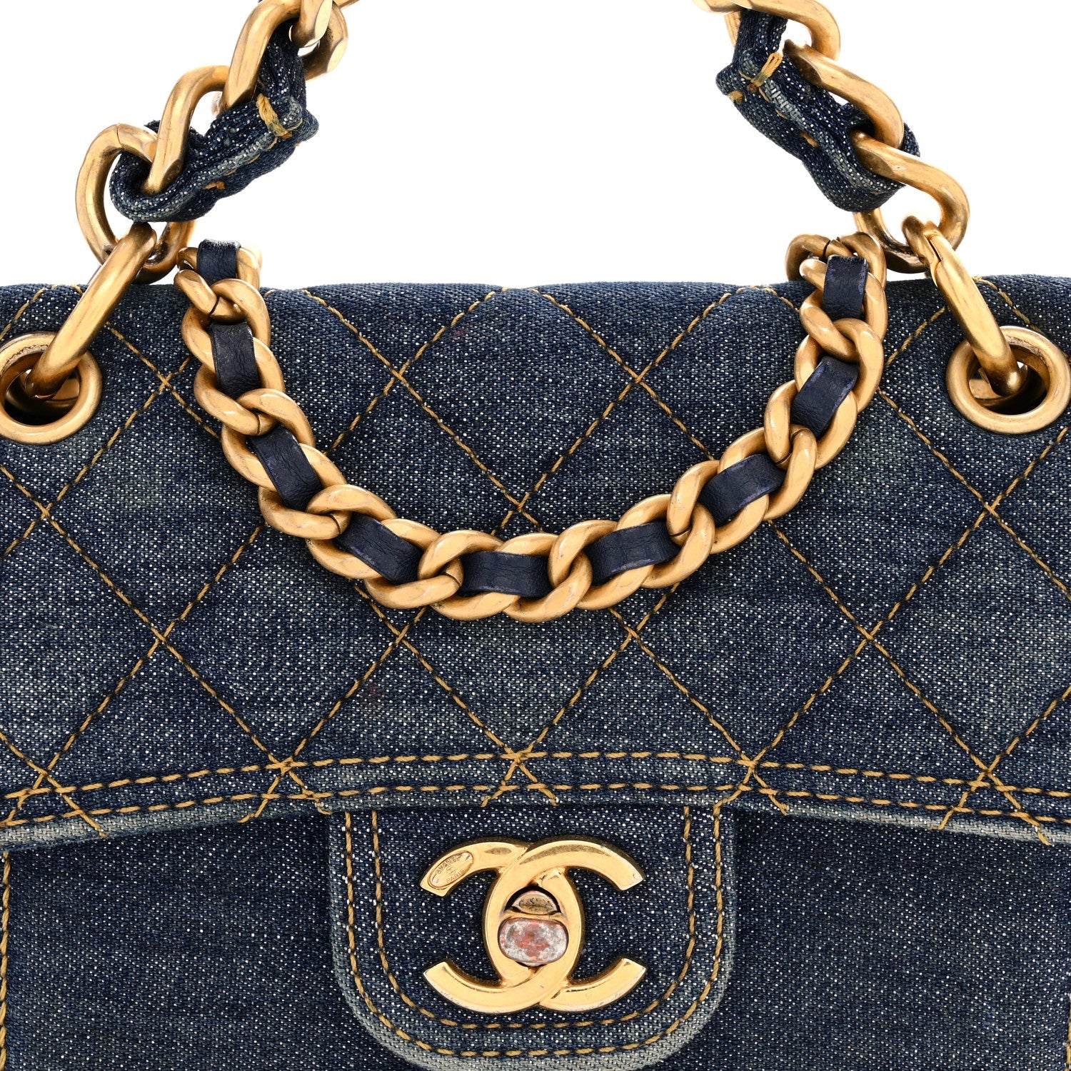 Denim Quilted Double You Mini Flap Blue Golden
