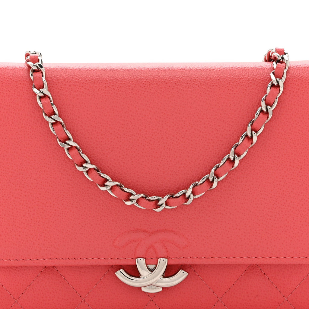 Grained Calfskin Quilted CC Box Wallet On Chain WOC Pink Pink