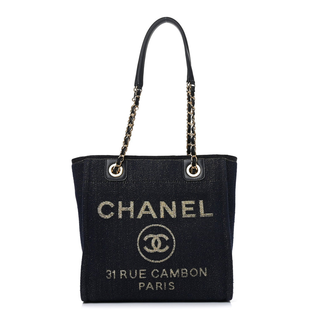 Lurex Canvas Mini Deauville Tote Navy Blue Gold