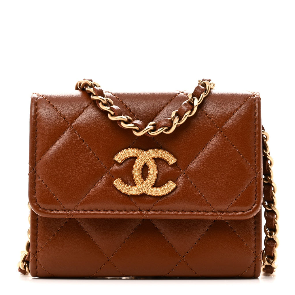 Lambskin Quilted Studded CC Clutch With Chain Brown