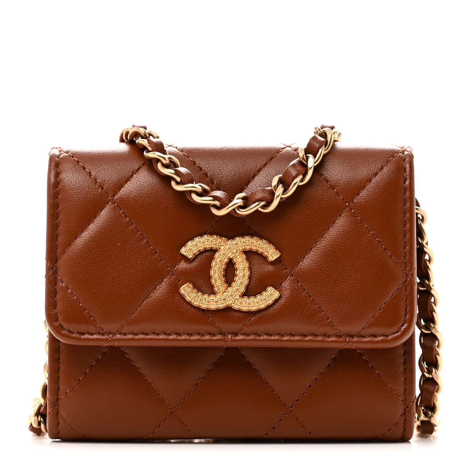Lambskin Quilted Studded CC Clutch With Chain Brown