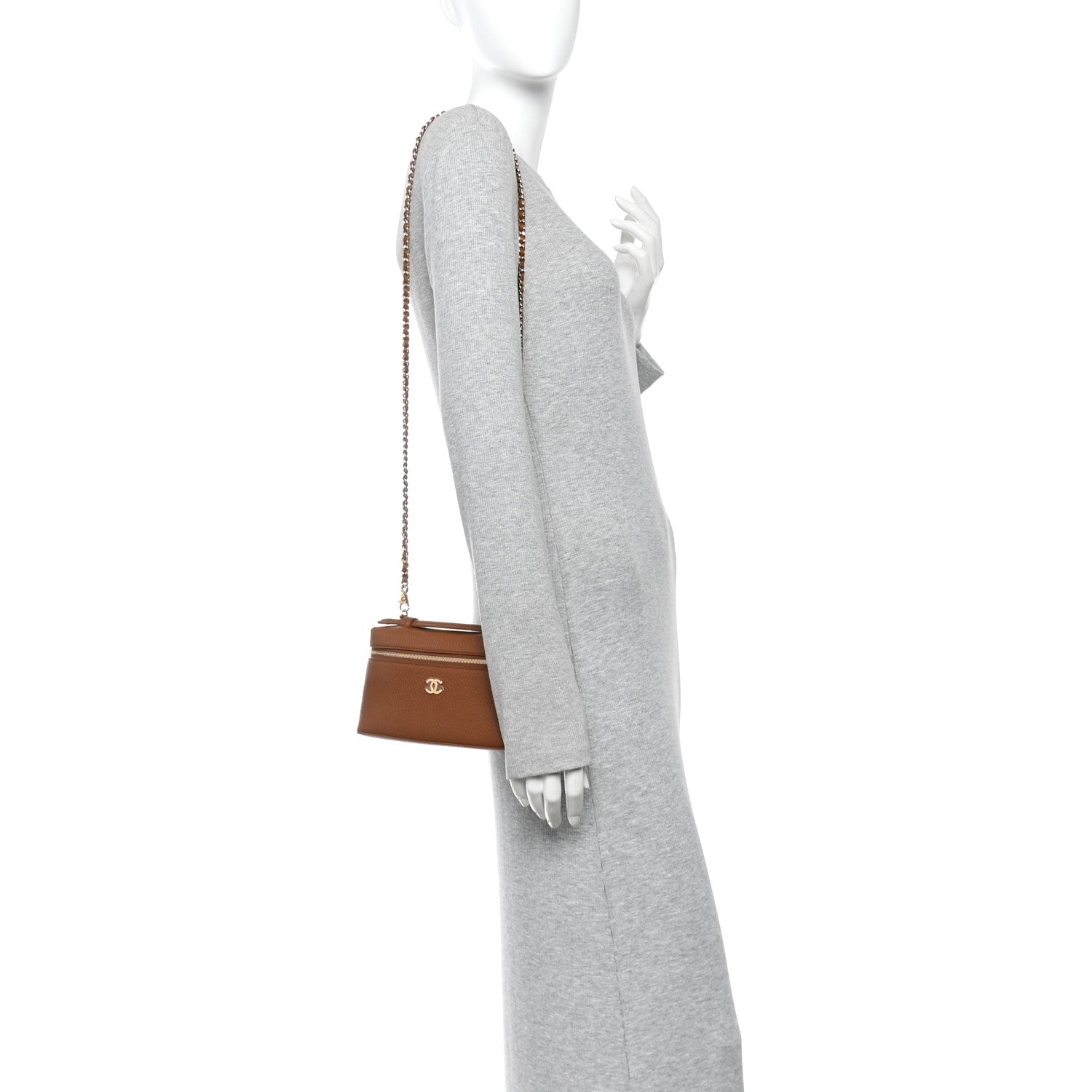 Grained Calfskin Top Handle Slim Vanity Case With Chain Camel