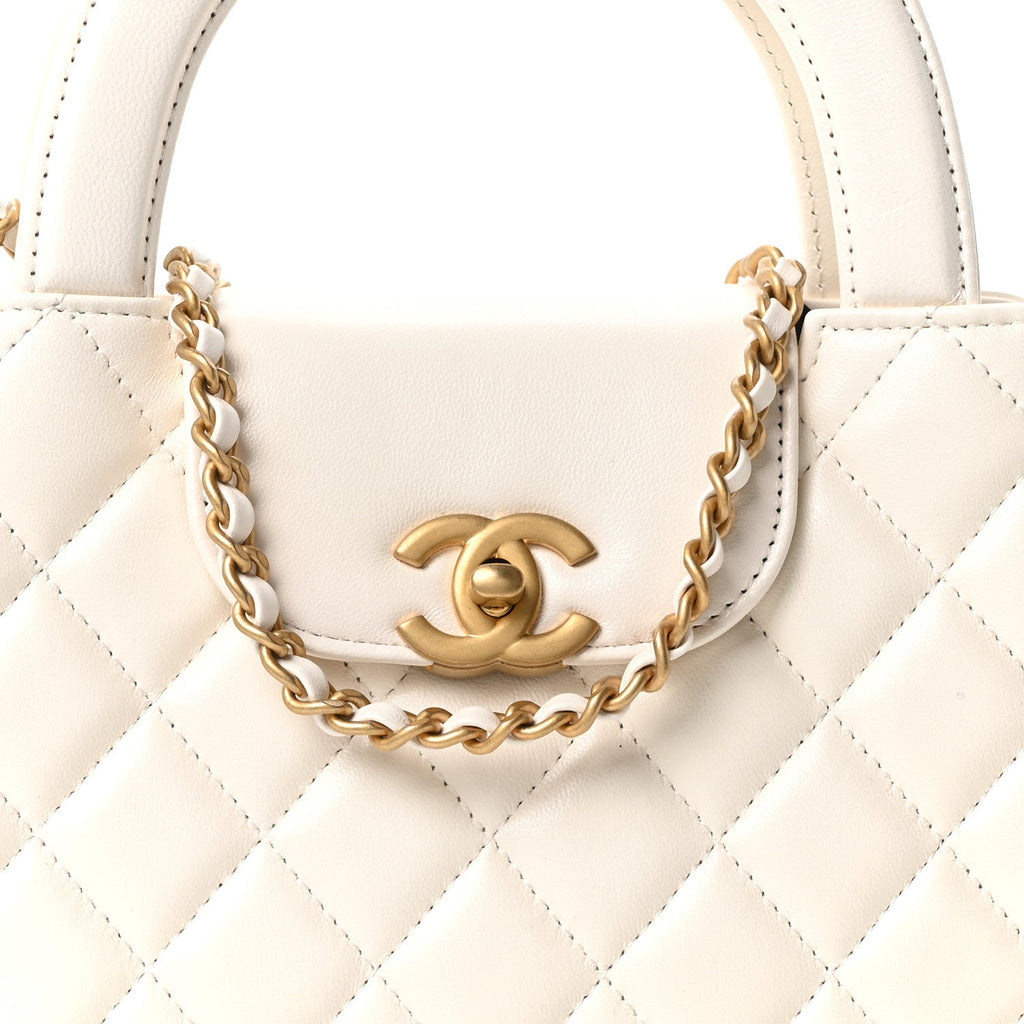 Shiny Aged Calfskin Quilted Nano Kelly Shopper White