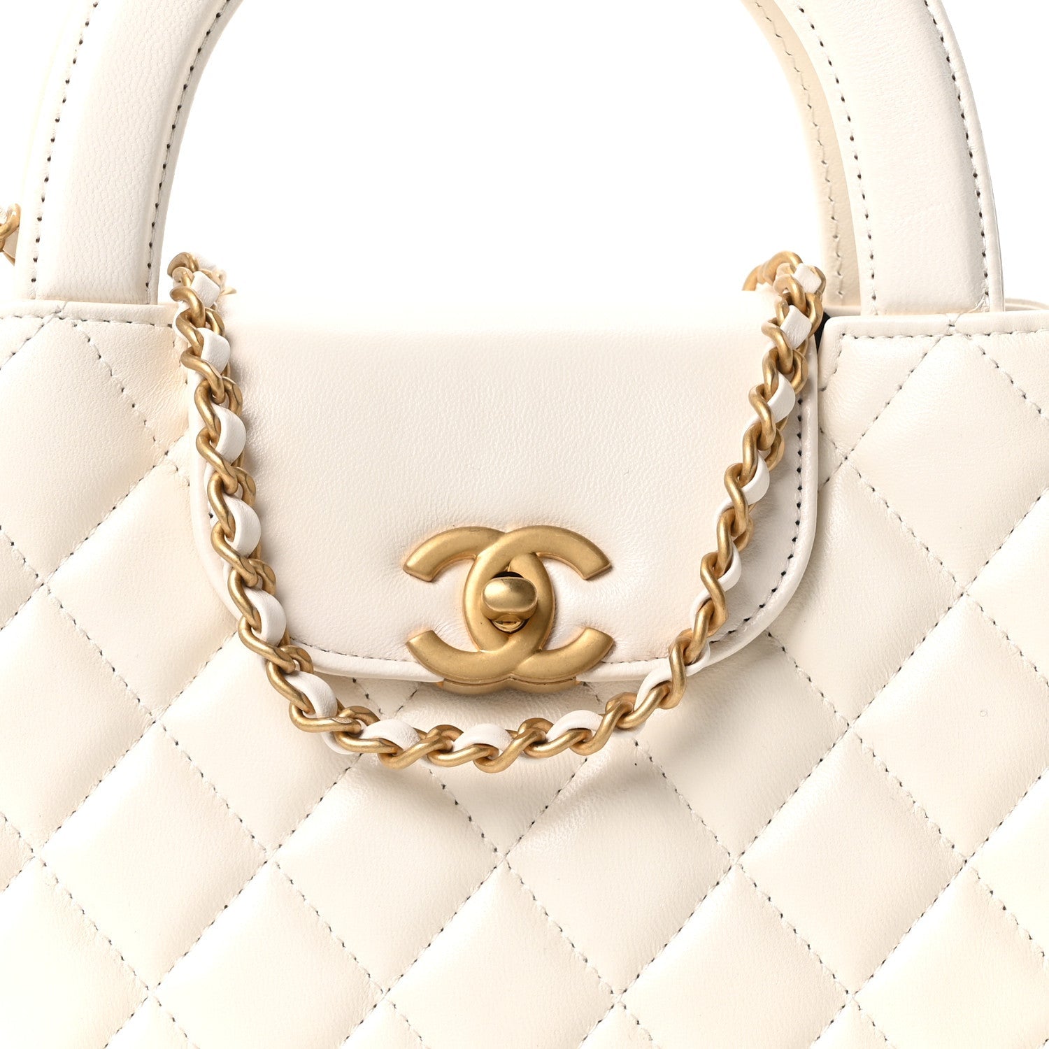 Shiny Aged Calfskin Quilted Nano Kelly Shopper White