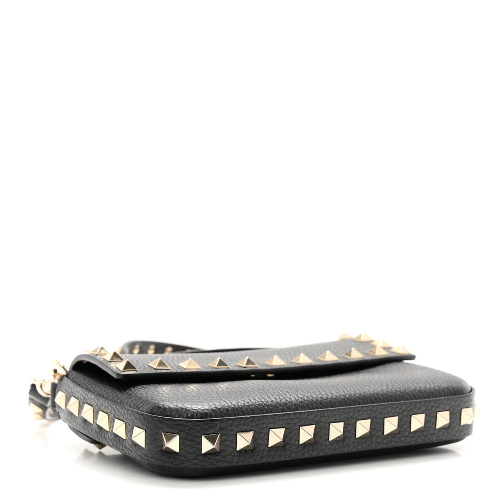 Grainy Calfskin Rockstud Crossbody Pouch Black