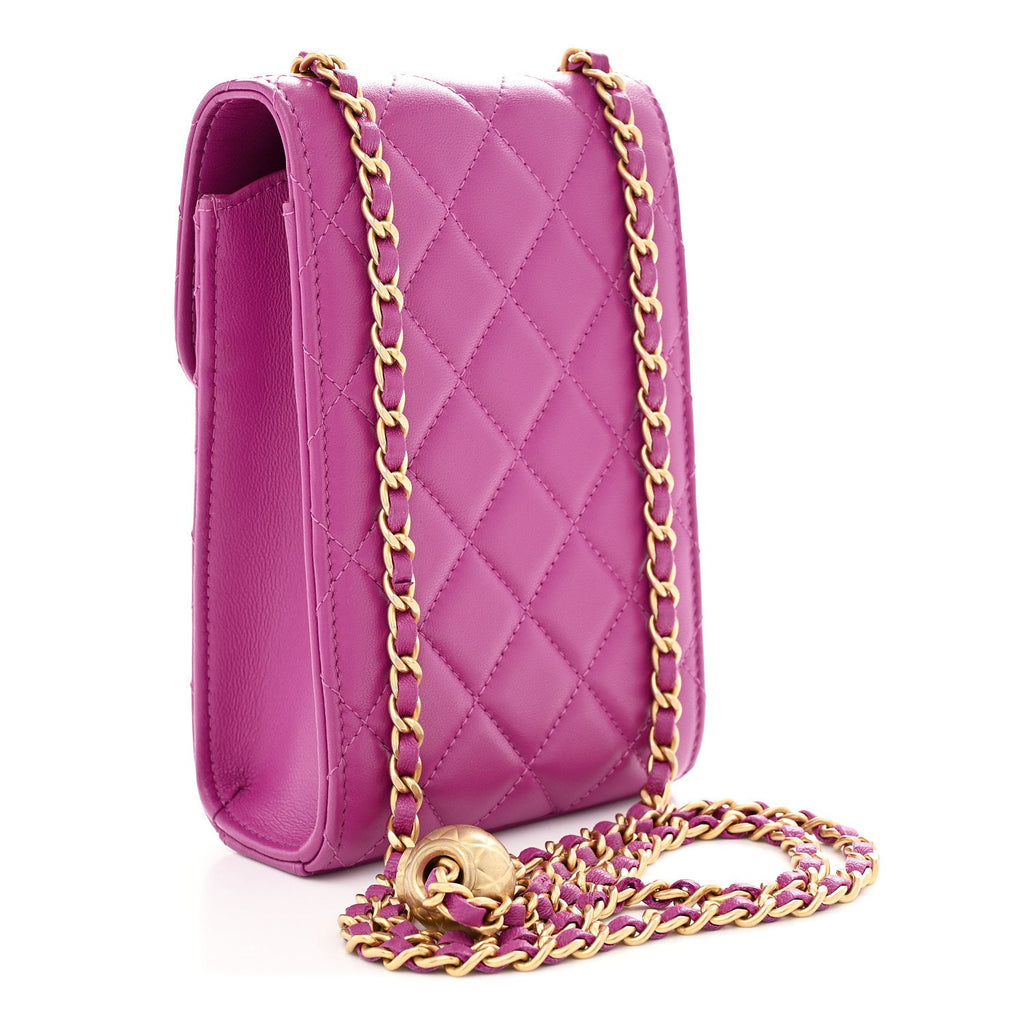 Lambskin Quilted Pearl Crush Phone Holder With Chain Purple