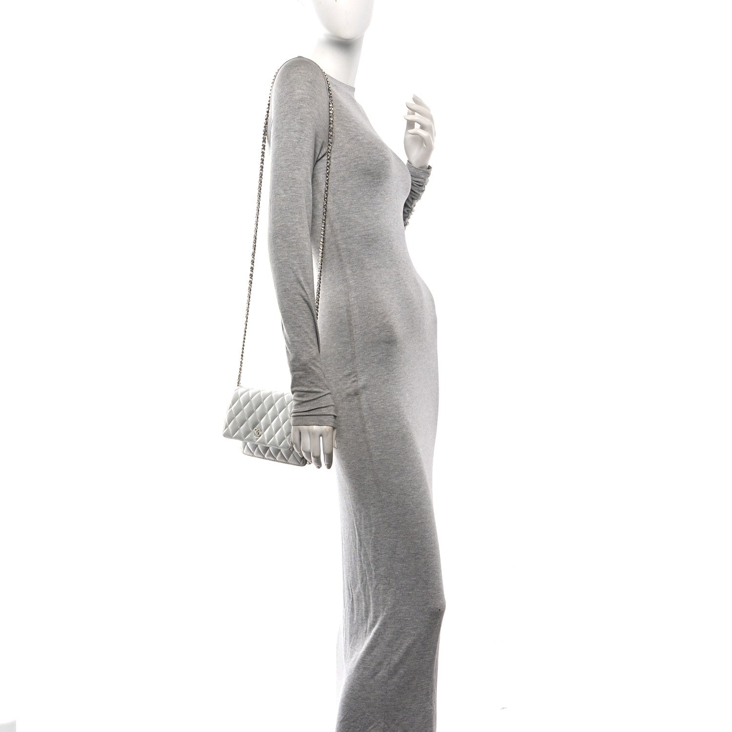 Metallic Lambskin Quilted Wallet On Chain WOC Silver