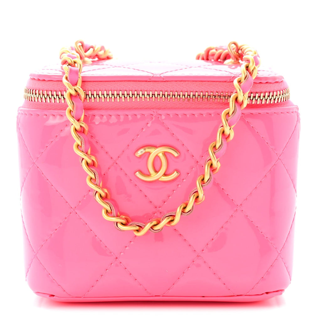 Patent Quilted Pearl Crush Mini Vanity Case With Chain Neon Pink