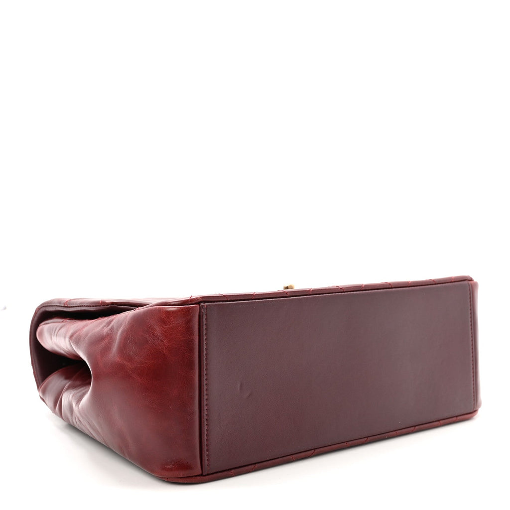 Glazed Calfskin Quilted Large Gold Bar Top Handle Flap Burgundy