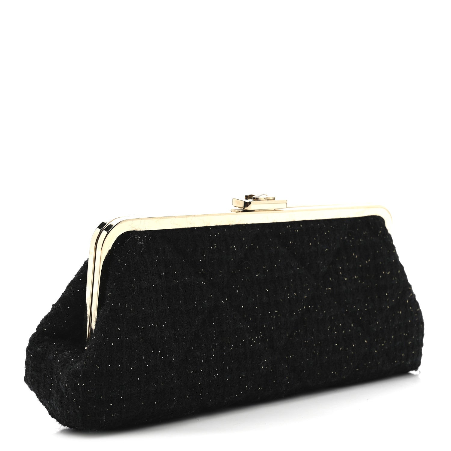 Tweed Quilted Kiss Lock Clutch Black