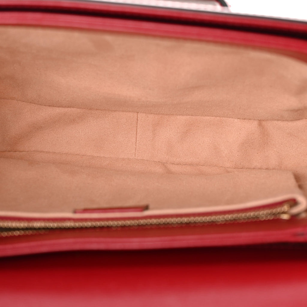 GG Supreme Monogram Azalea Calfskin Horsebit 1955 Shoulder Bag Beige Ebony New Cherry Red