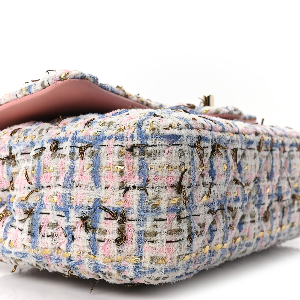 Tweed Quilted Medium Double Flap Blue Pink Gold White
