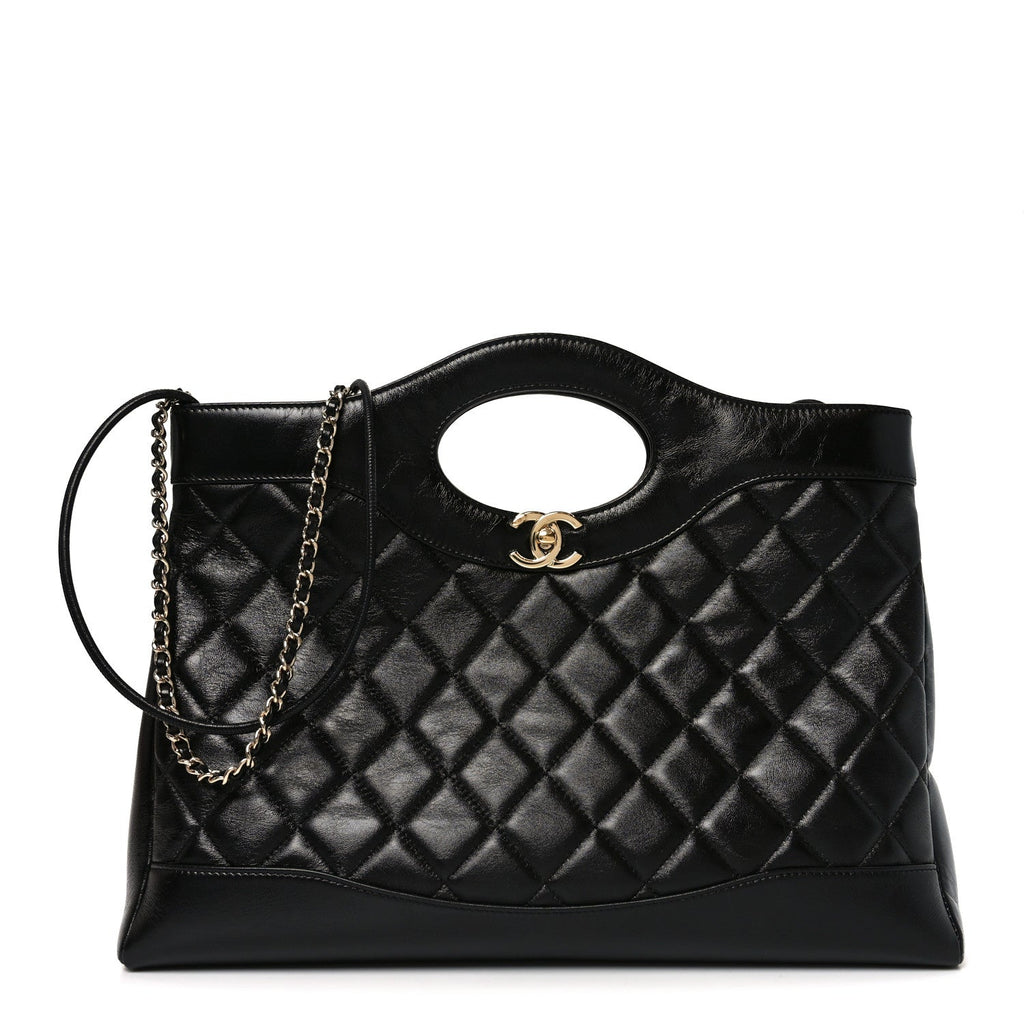 Shiny Lambskin Quilted 31 Shopping Bag Black