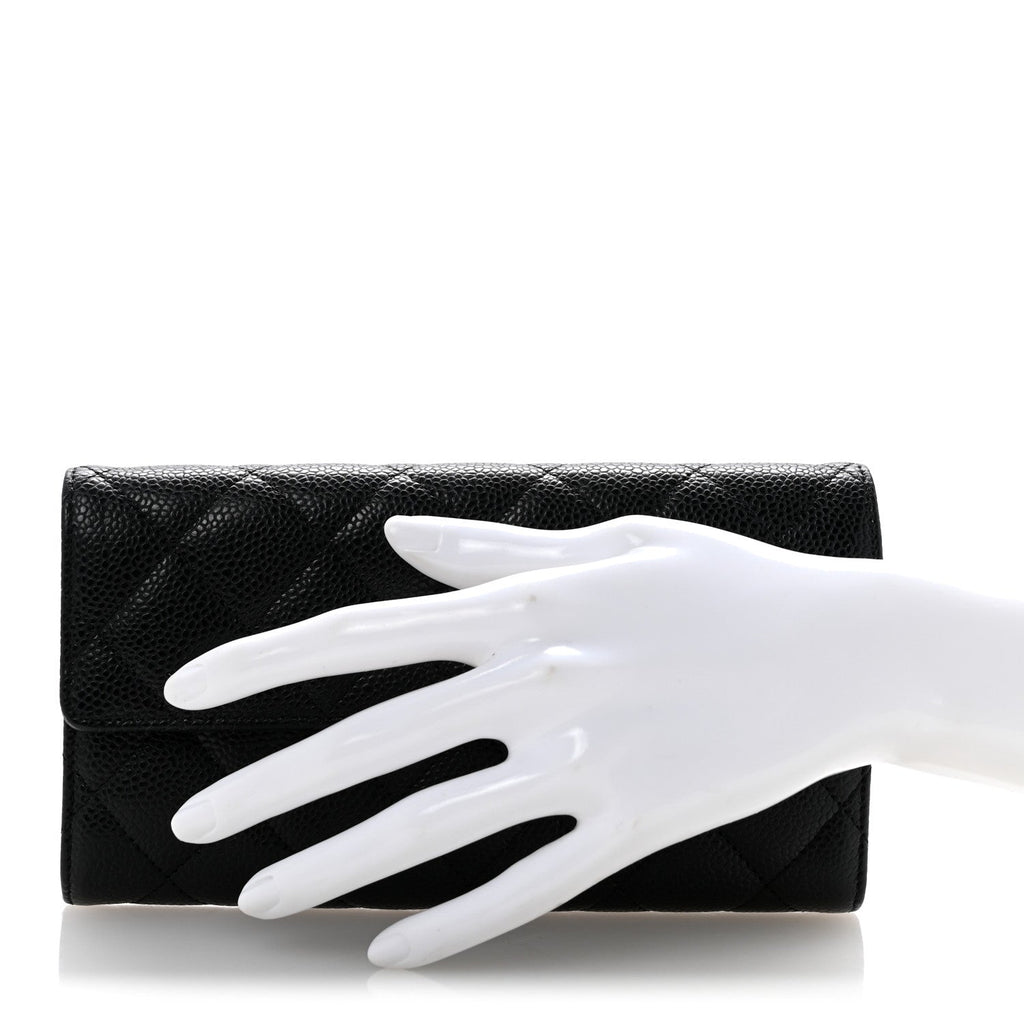 Caviar Quilted Large Gusset Flap Wallet Black