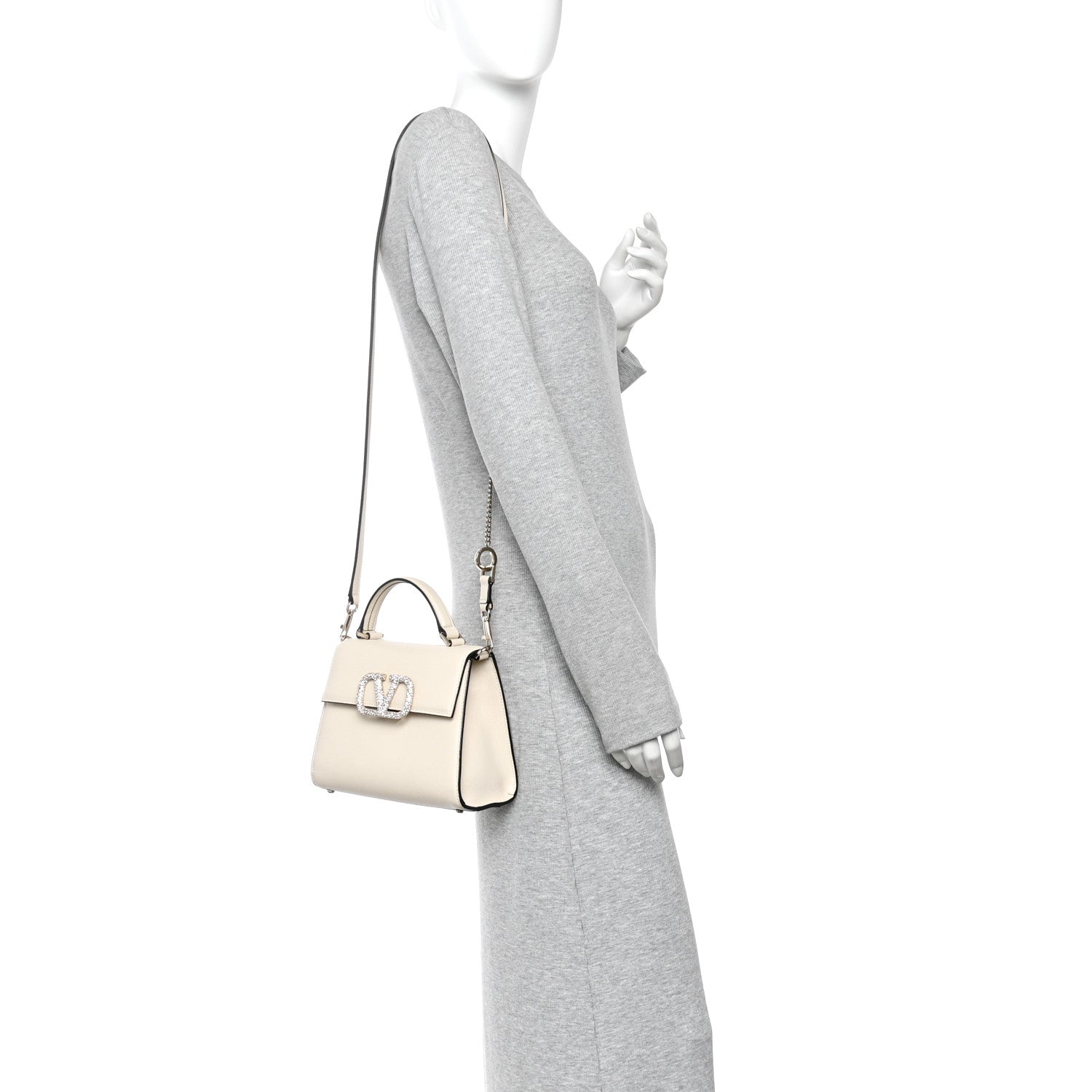 Grainy Calfskin Swarovski Crystal Embellished Small VSling Top Handle Bag Light Ivory