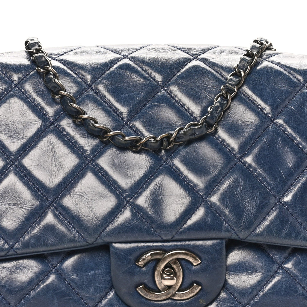Glazed Calfskin Quilted Large Coco Soft Flap Navy