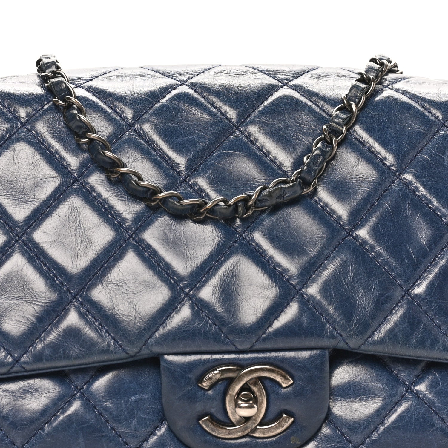 Glazed Calfskin Quilted Large Coco Soft Flap Navy