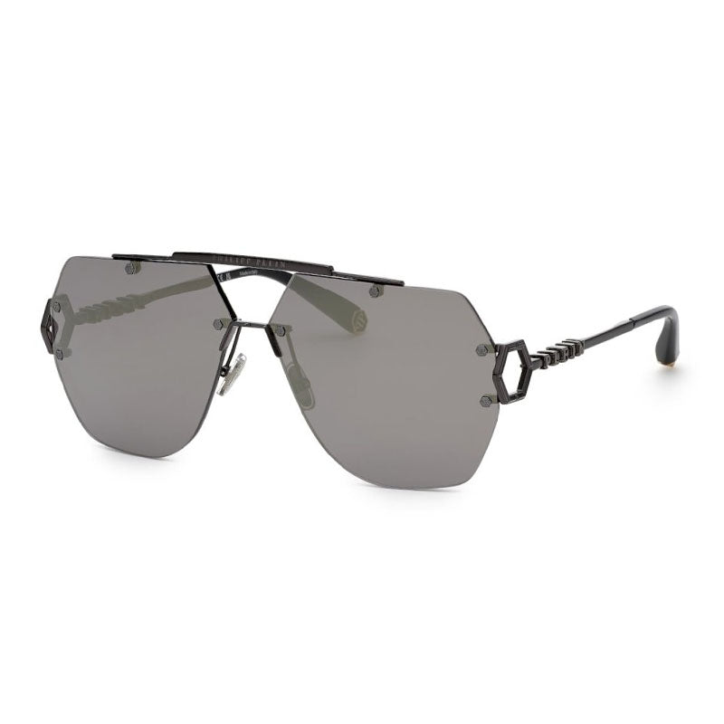 Philipp Plein Sunglasses Aviator Rimless, Black Frame and Grey Silver Mirror Lens SPP111672X