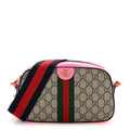 GG Supreme Monogram Textured Dollar Calfskin Web Ophidia Small Crossbody Bag Beige Ebony Fuchsia