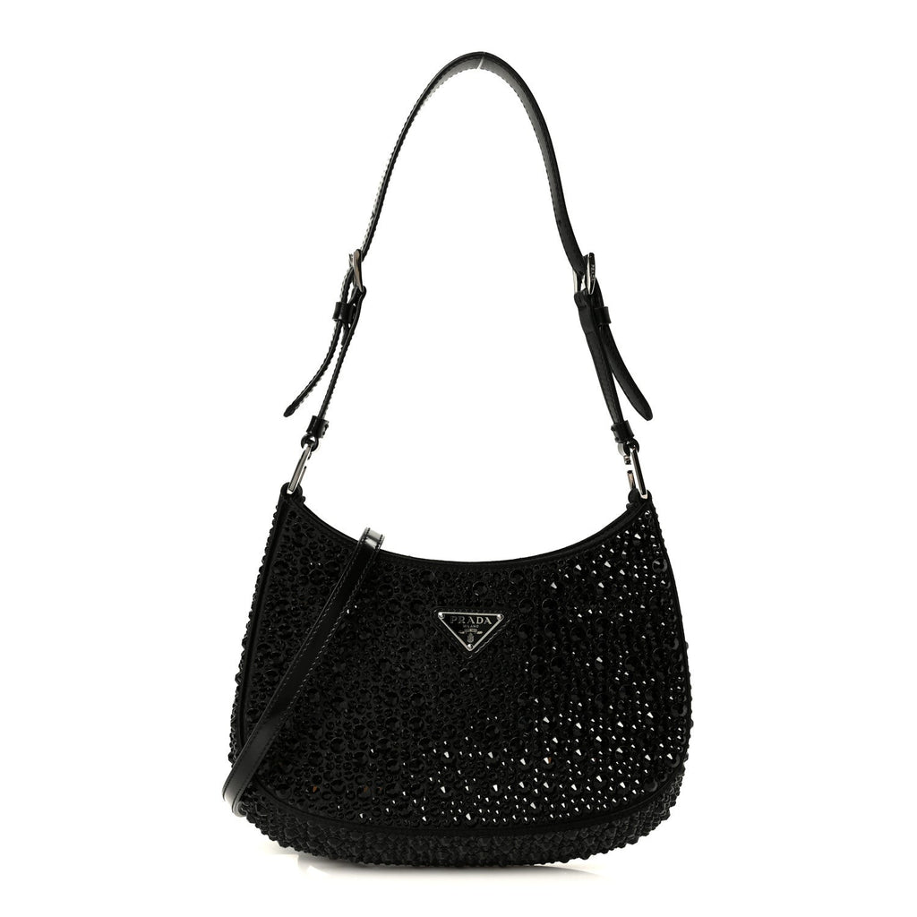 Satin Crystal Cleo Adjustable Strap Shoulder Bag Black