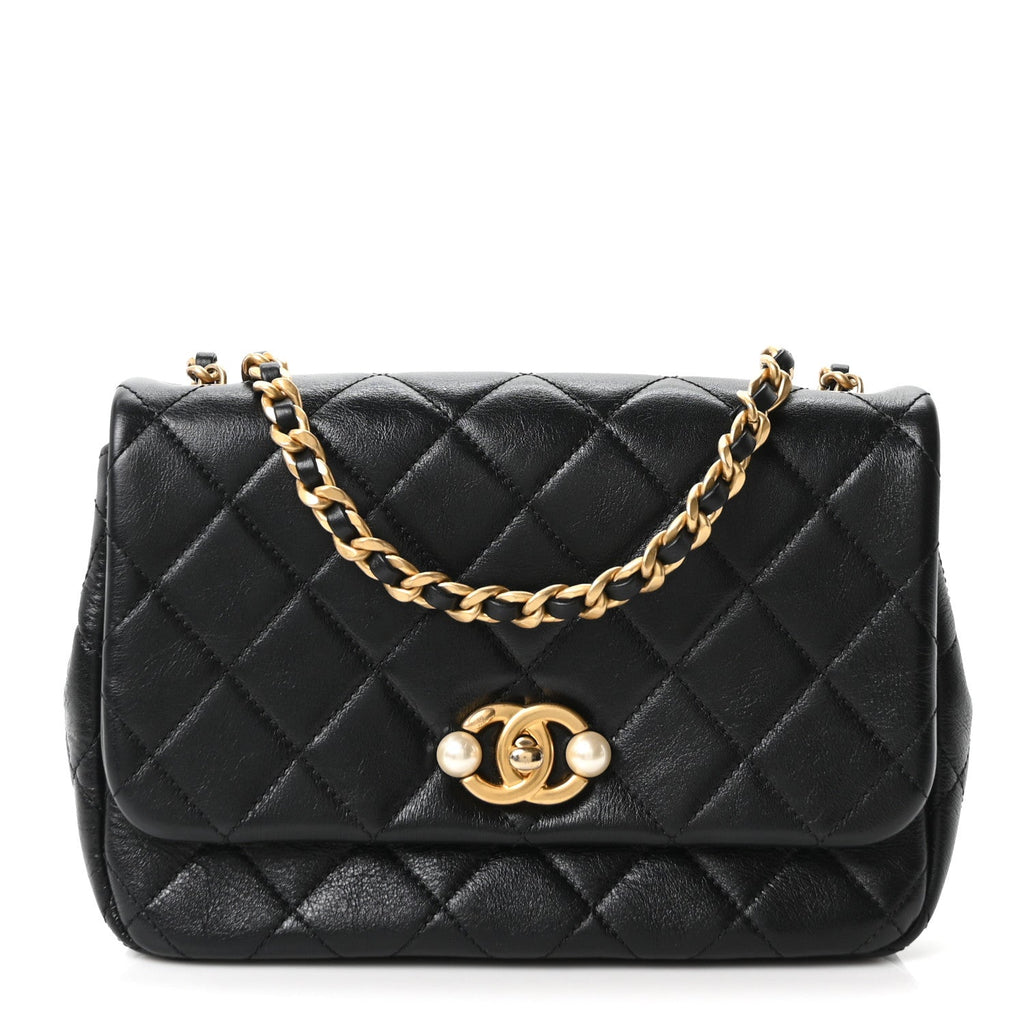 Glazed Calfskin Quilted Pearl Side Flap Black