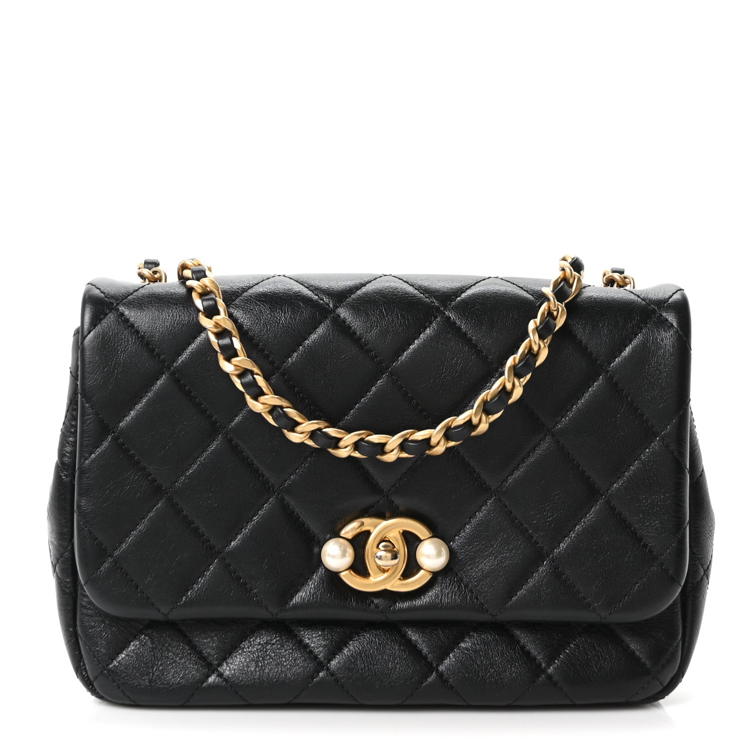 Glazed Calfskin Quilted Pearl Side Flap Black