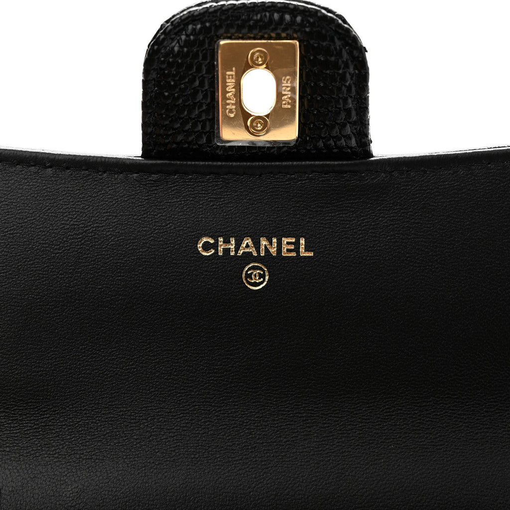 Calfskin Lizard Embossed Top Handle Clutch With Chain Black