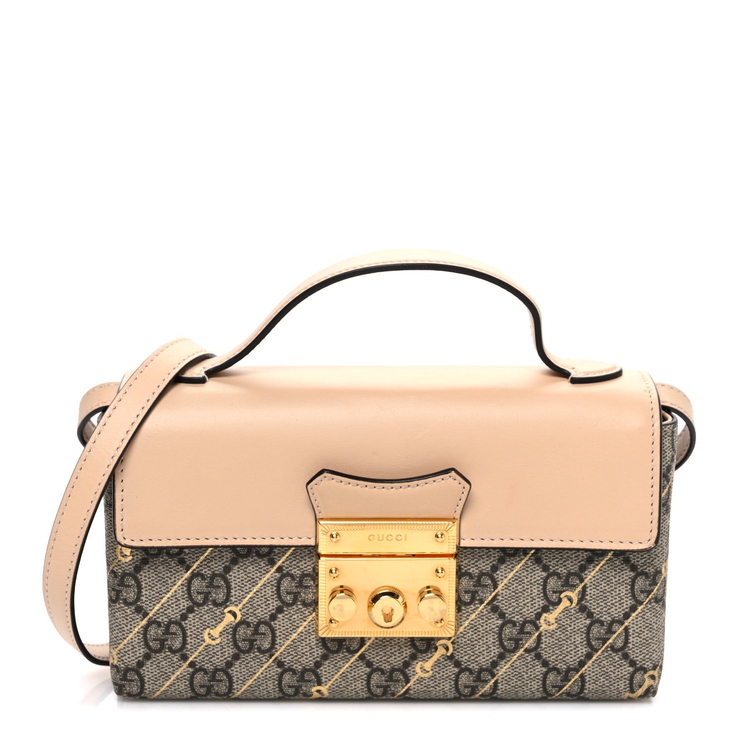 GG Supreme Monogram Calfskin Horsebit Print Mini Padlock Top Handle Shoulder Bag Beige Ebony Light Pink