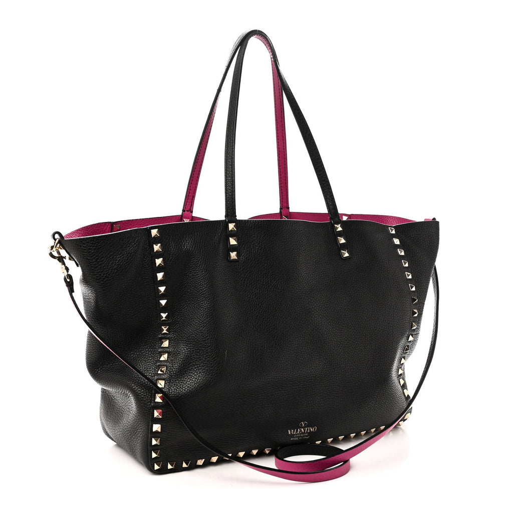 Grained Calfskin Medium Rockstud Reversible Tote Black Rose Violet