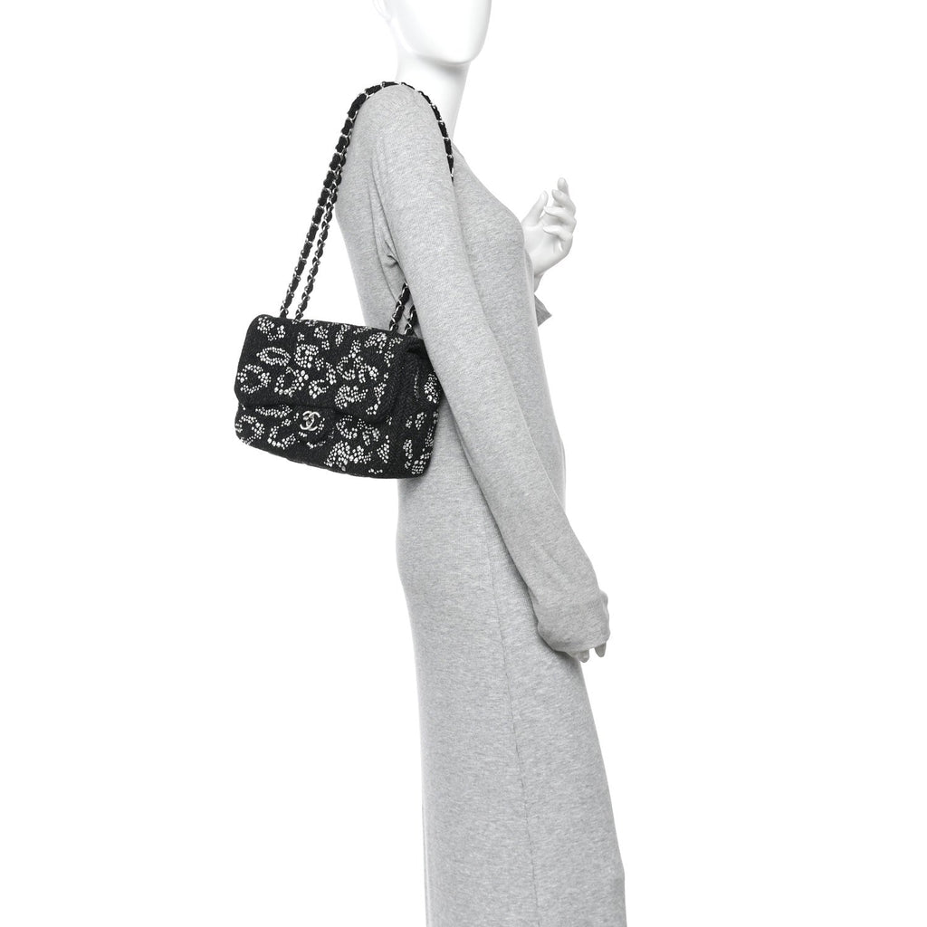 Tweed Swarovski Crystal Leopard Jumbo Flap  Black