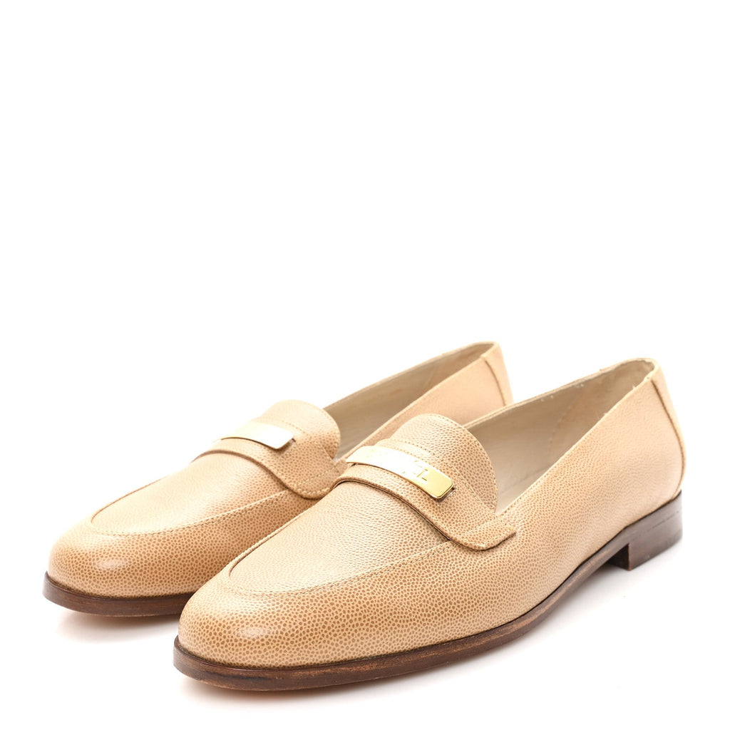 Caviar Logo Plate Moccasin Loafers 38.5 Beige