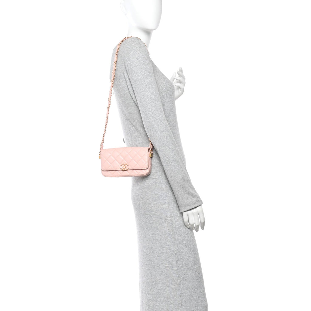 Crumpled Calfskin Quilted Braided CC Mini Flap Light Pink
