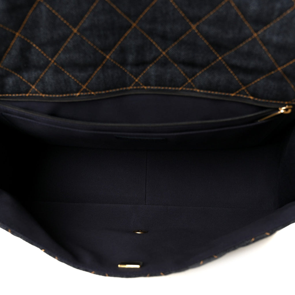 Denim Quilted XXL Travel Flap Bag Dark Blue Orange