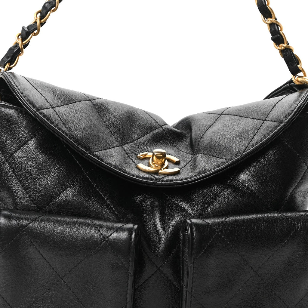 Shiny Calfskin Quilted Small Supple Twins Hobo Bag Black